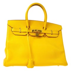 Hermes Birkin 35 Lemon Leather Gold Top Carryall Handle Satchel Travel Tote Bag