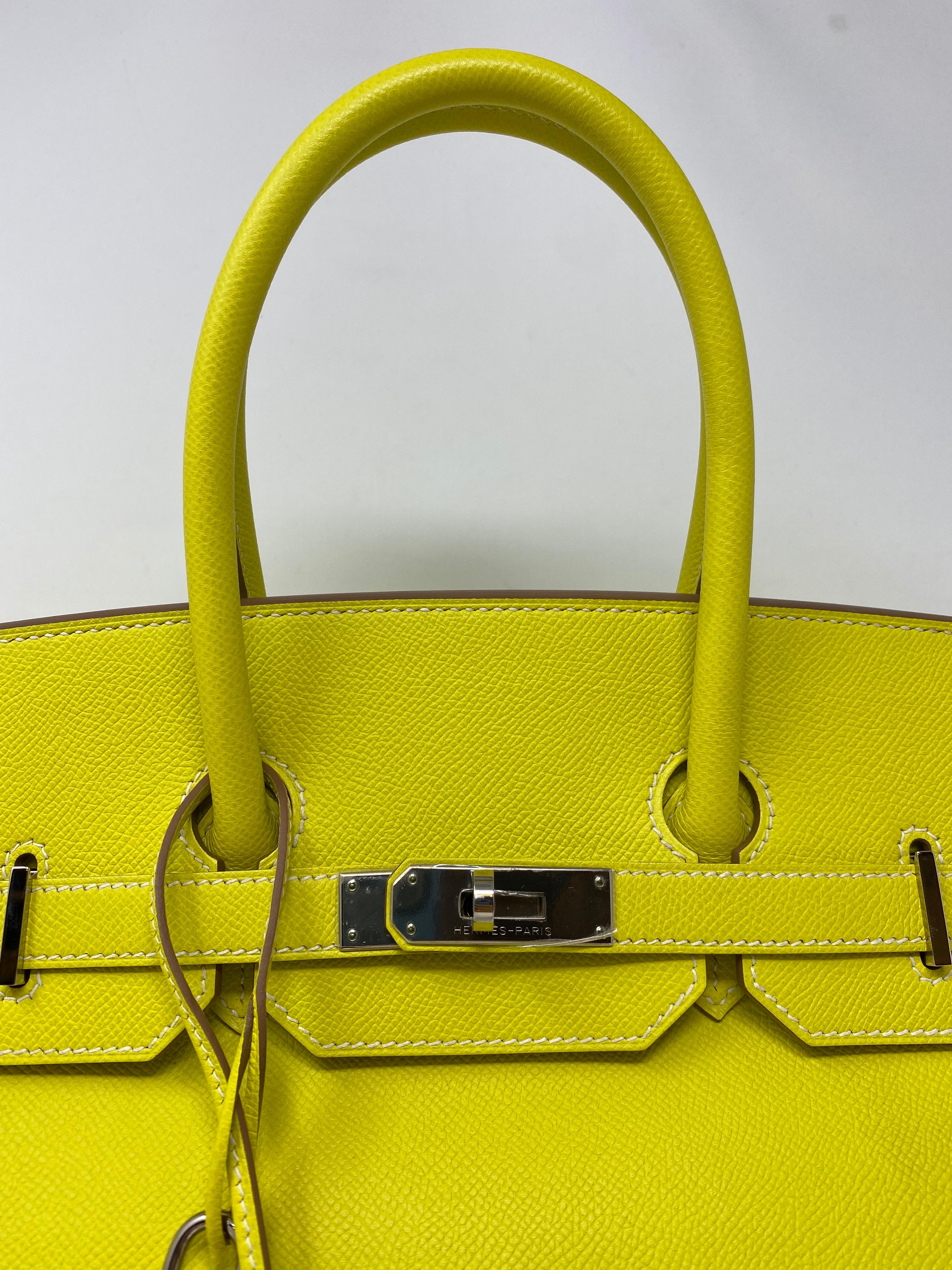 Hermes Birkin Lime Candy  35 Bag. Exterior bright lime yellow and interior white. Beautiful bag in epsom leather. Palladium hardware. Looks like new condition. Plastic is still on hardware. Includes clochette, lock, keys, and dust cover. Rare color.