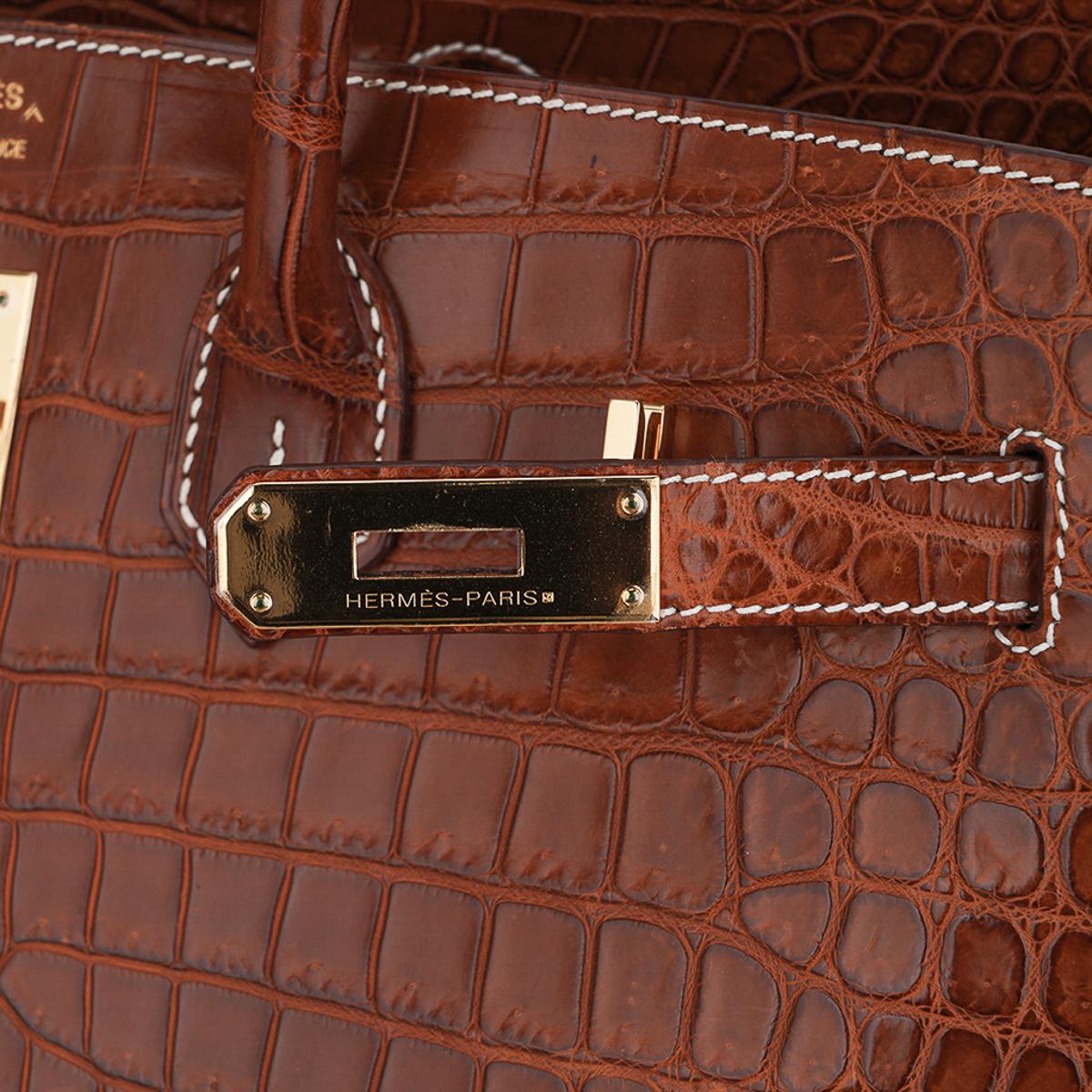 Hermès Birkin 35 Matte Fauve Porosus Krokodiltasche mit Goldbeschlägen Damen im Angebot