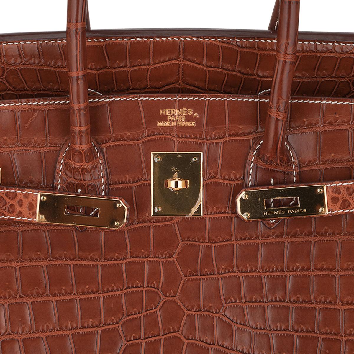 Sac Hermès Birkin 35 en cuir de crocodile Porosus mat et finitions métalliques dorées en vente 1