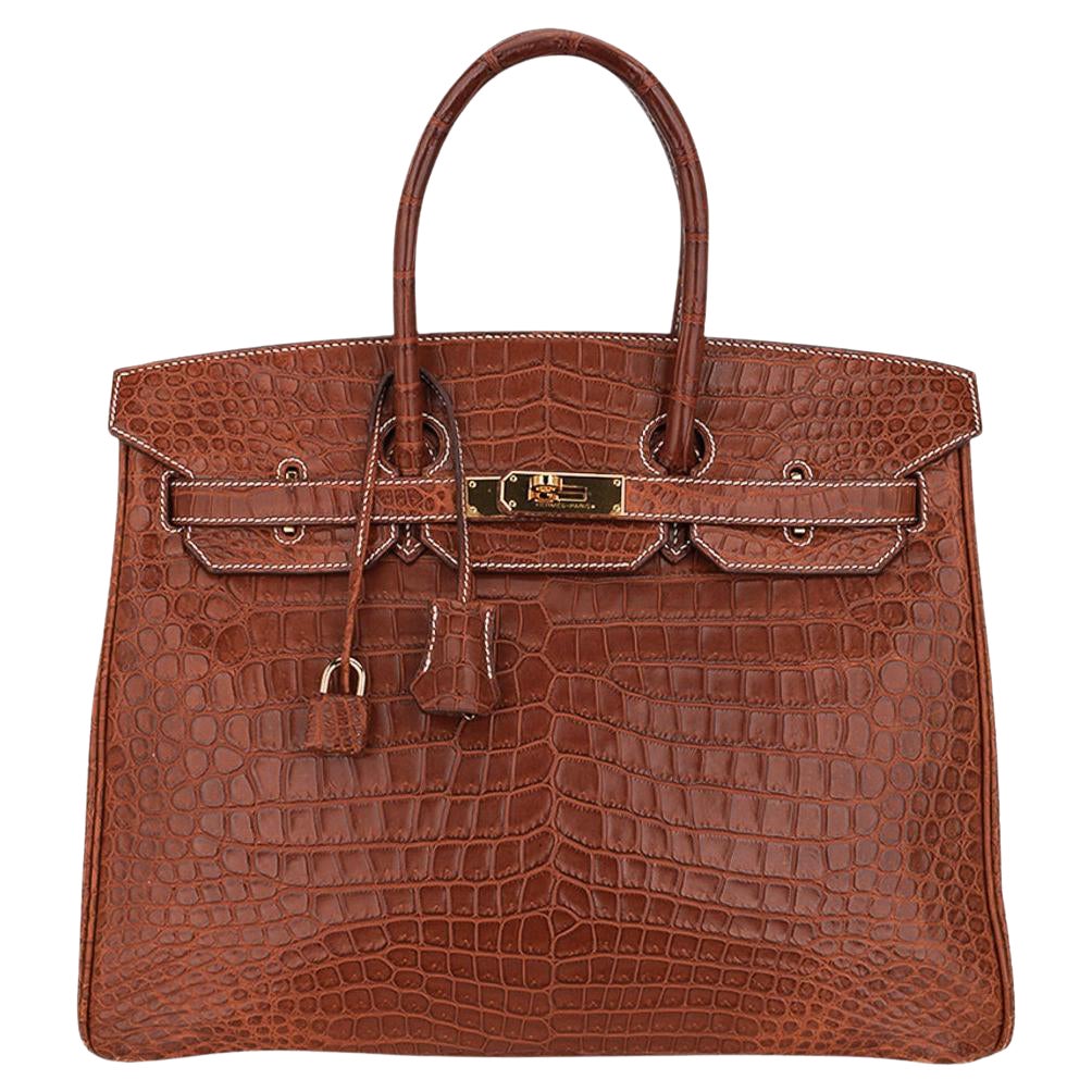 Hermès Birkin 35 Matte Fauve Porosus Krokodiltasche mit Goldbeschlägen
