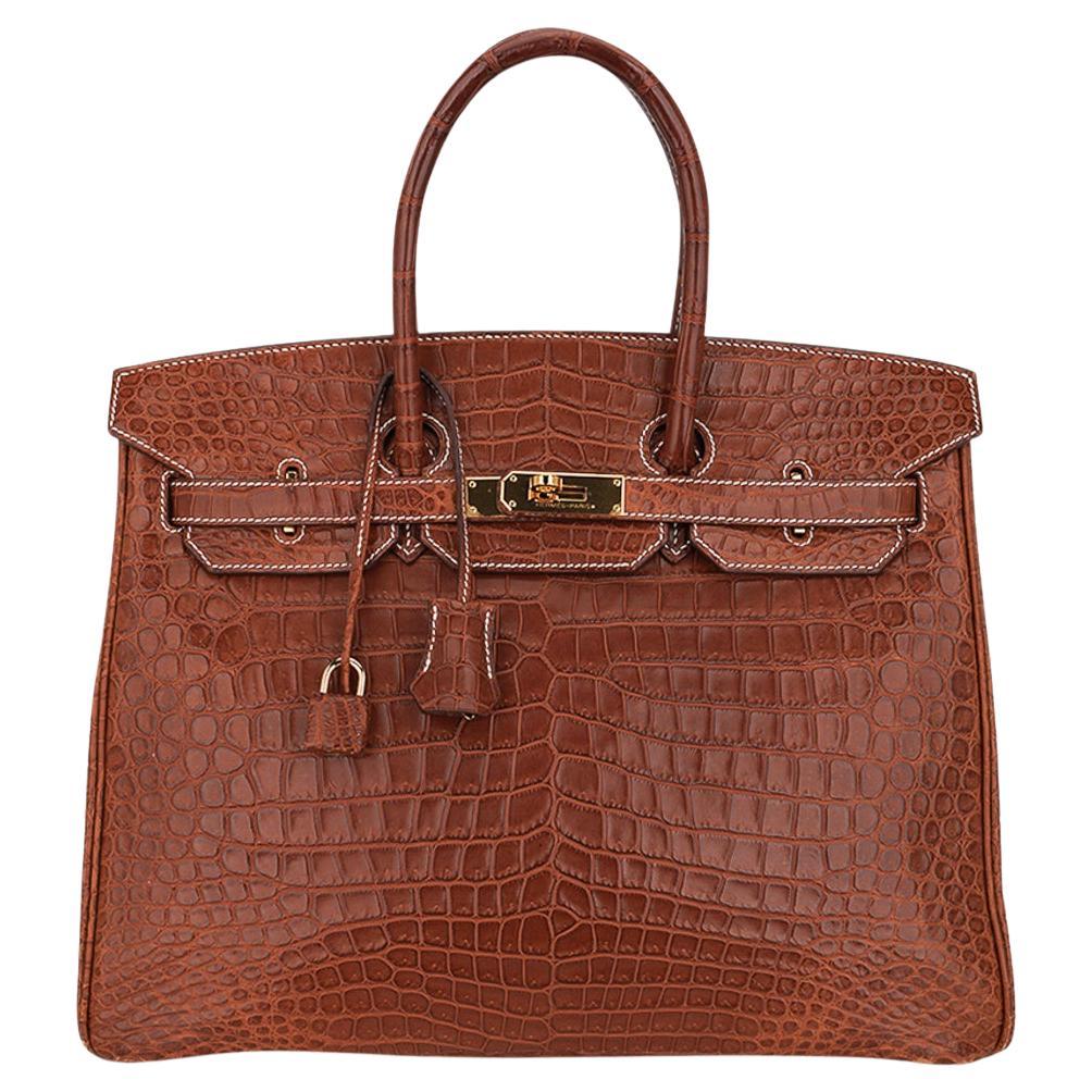 Hermès Birkin 35 Matte Fauve Porosus Krokodiltasche mit Goldbeschlägen