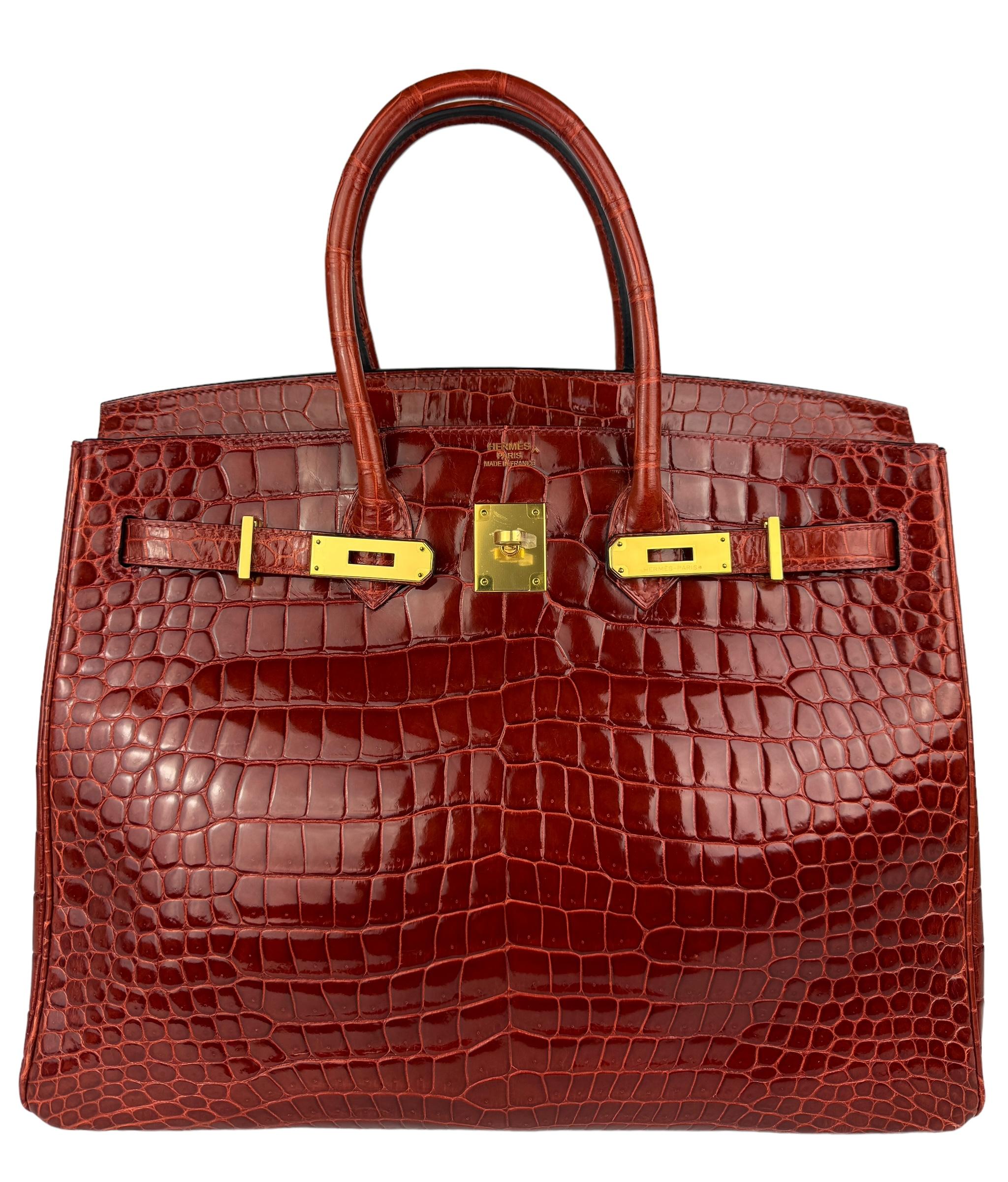 Absolutely Stunning RARE Collectors Piece. Hermes Birkin 35 Miel Shinny Niloticus Crocodile Leather. Complimented by Gold Hardware. Excellent Condition, Plastic on hardware, excellent structure and corners. 
2014 R Stamp. 

BEST PRICE ON THE MARKET!