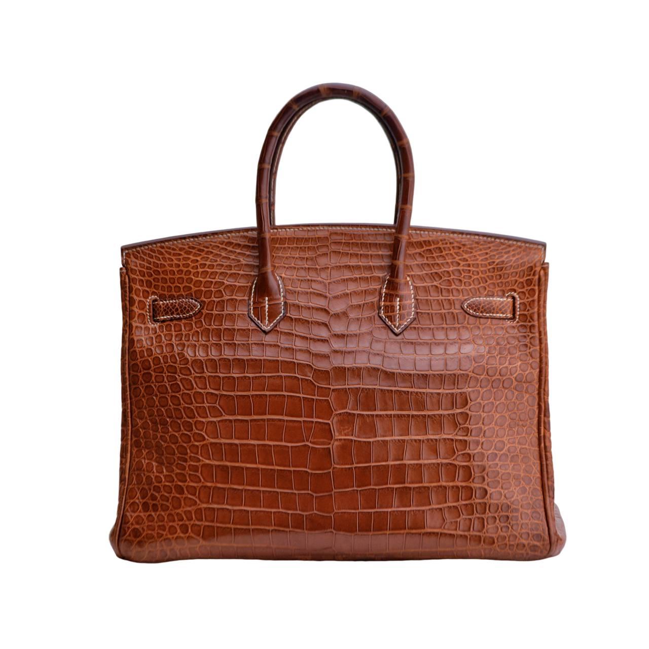 Brown Hermès Birkin 35 Miel Shiny Porosus Crocodile Palladium Hardware Handbag For Sale