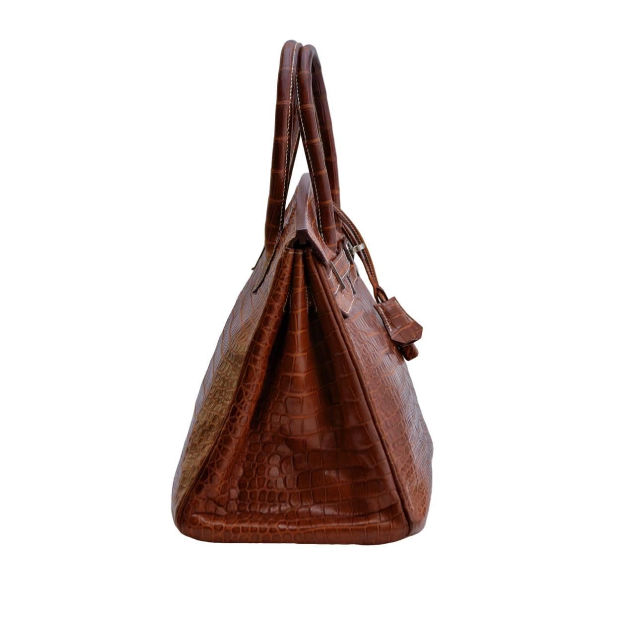 Hermès Birkin 35 Miel Shiny Porosus Crocodile Palladium Hardware Handbag In Excellent Condition For Sale In Banbury, GB