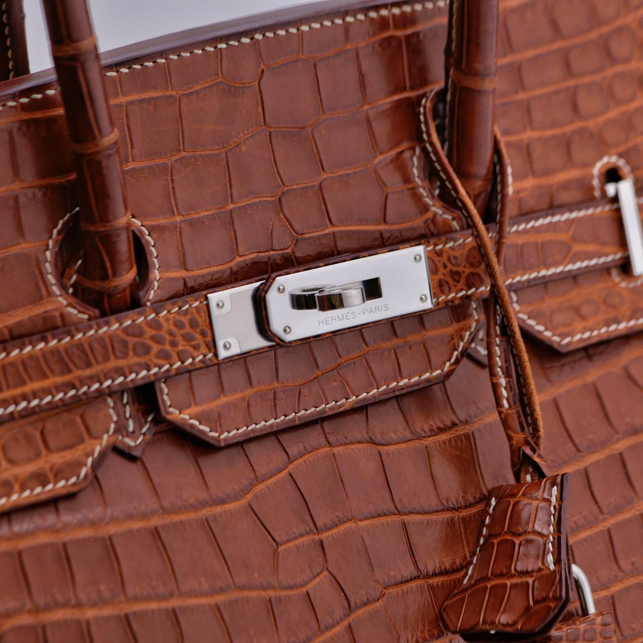 Hermès Birkin 35 Miel Shiny Porosus Crocodile Palladium Hardware Handbag For Sale 2