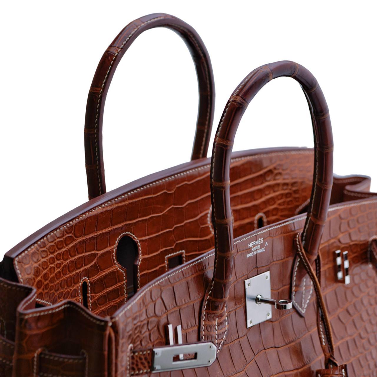 Hermès Birkin 35 Miel Shiny Porosus Crocodile Palladium Hardware Handbag For Sale 3