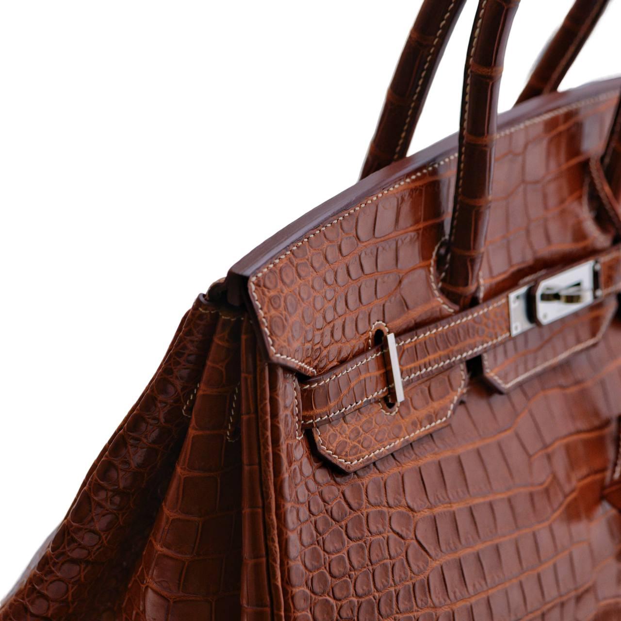 Hermès Birkin 35 Miel Shiny Porosus Crocodile Palladium Hardware Handbag For Sale 4