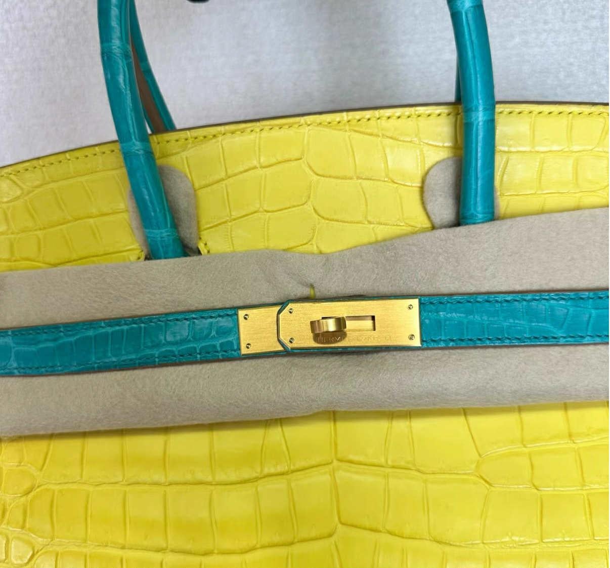 Hermes Birkin 35 Mimosa/Bleu Paon Matte Porosus Crocodile Brashed GHW sac en vente 6