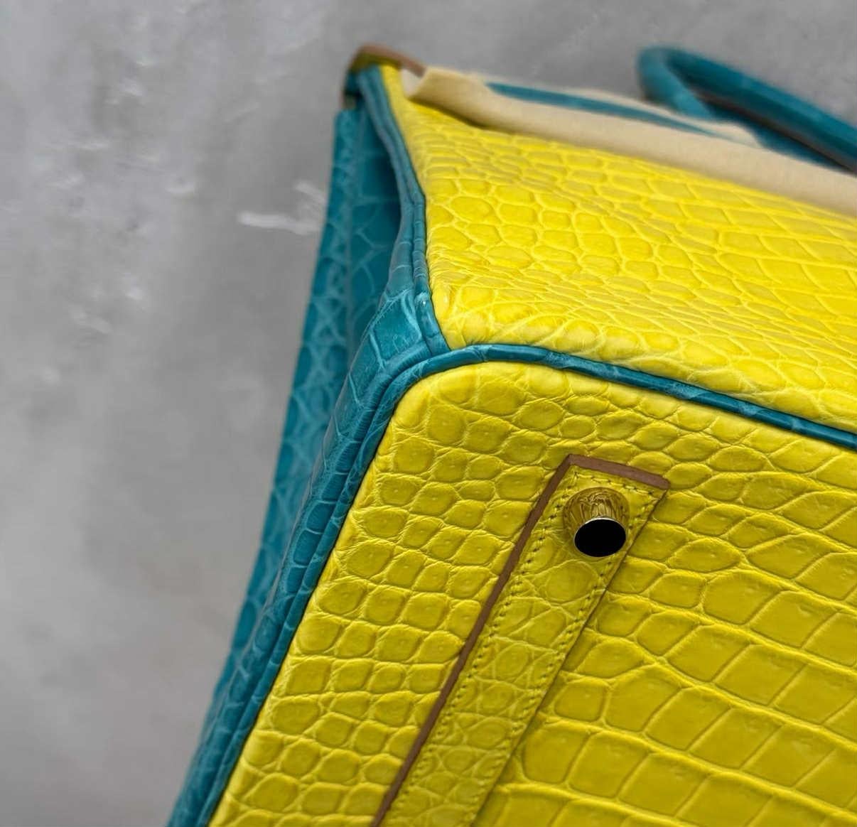 Hermes Birkin 35 Mimosa/Bleu Paon Matte Porosus Crocodile Brashed GHW sac en vente 8