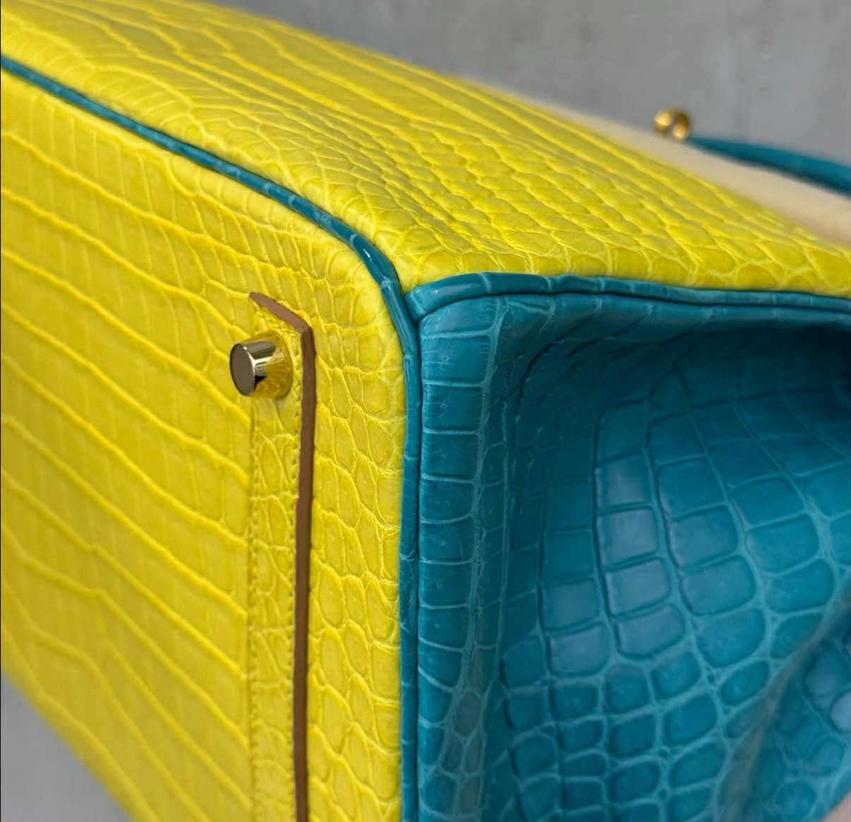 Hermes Birkin 35 Mimosa/Bleu Paon Matte Porosus Crocodile Brashed GHW sac en vente 10