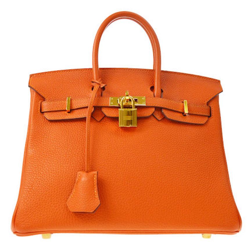 Hermes Birkin 35 Orange Leather Gold Top Handle Satchel Travel Tote Bag in Box