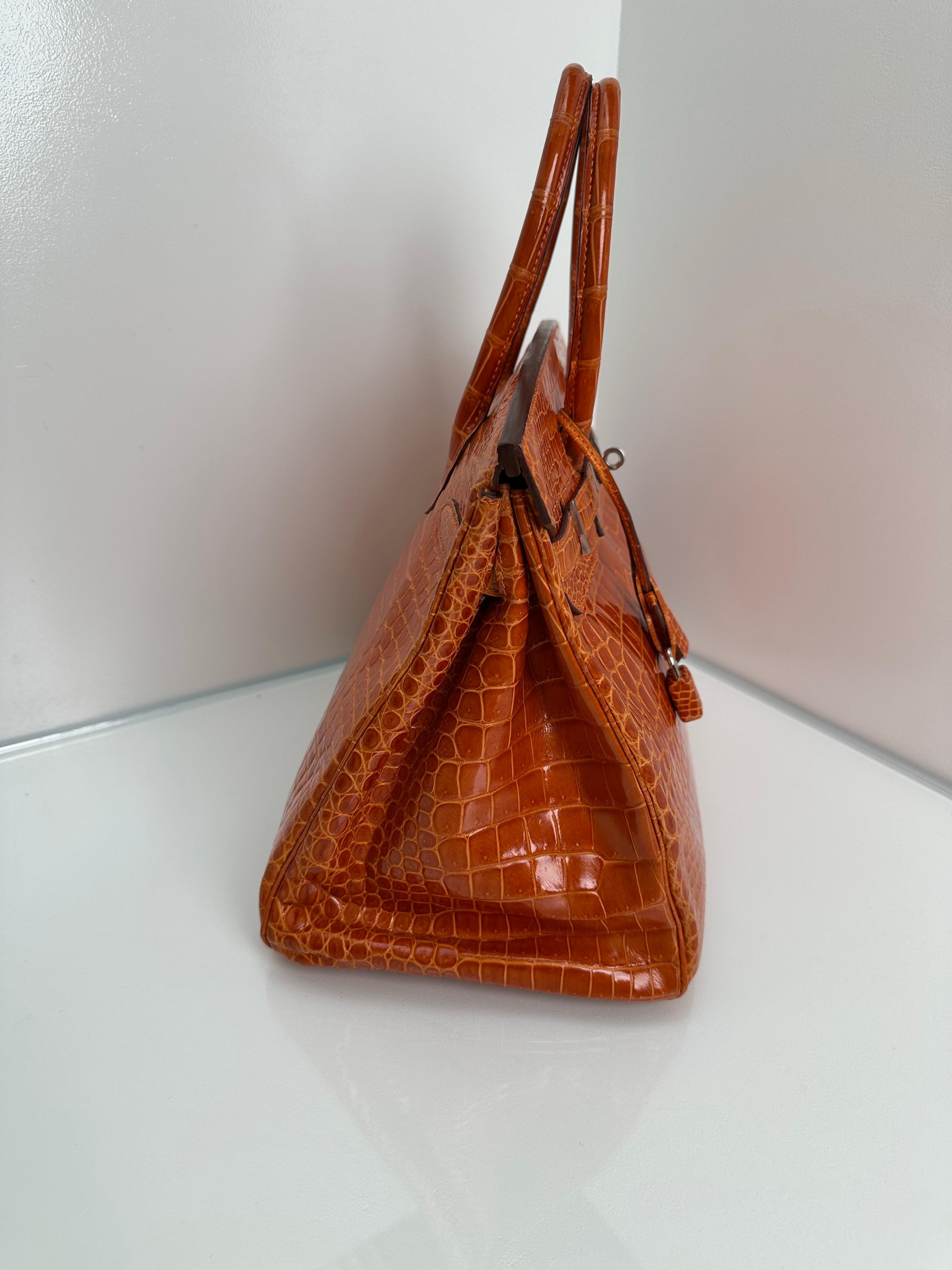 Hermes Birkin 35 Orange Glänzend Porosus Krokodil Palladium Hardware im Zustand „Hervorragend“ im Angebot in Athens, GA