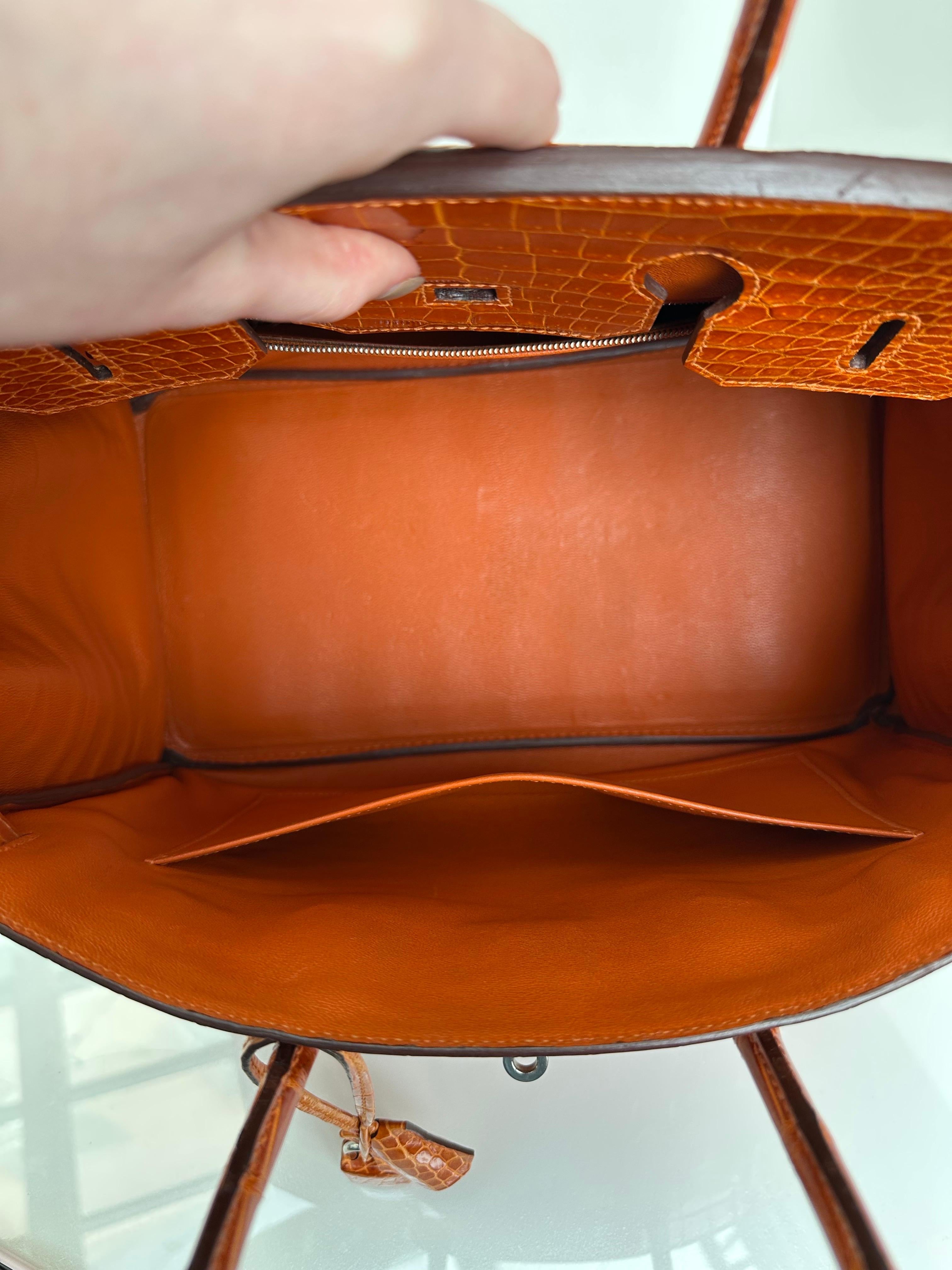 Hermes Birkin 35 Orange Glänzend Porosus Krokodil Palladium Hardware im Angebot 1
