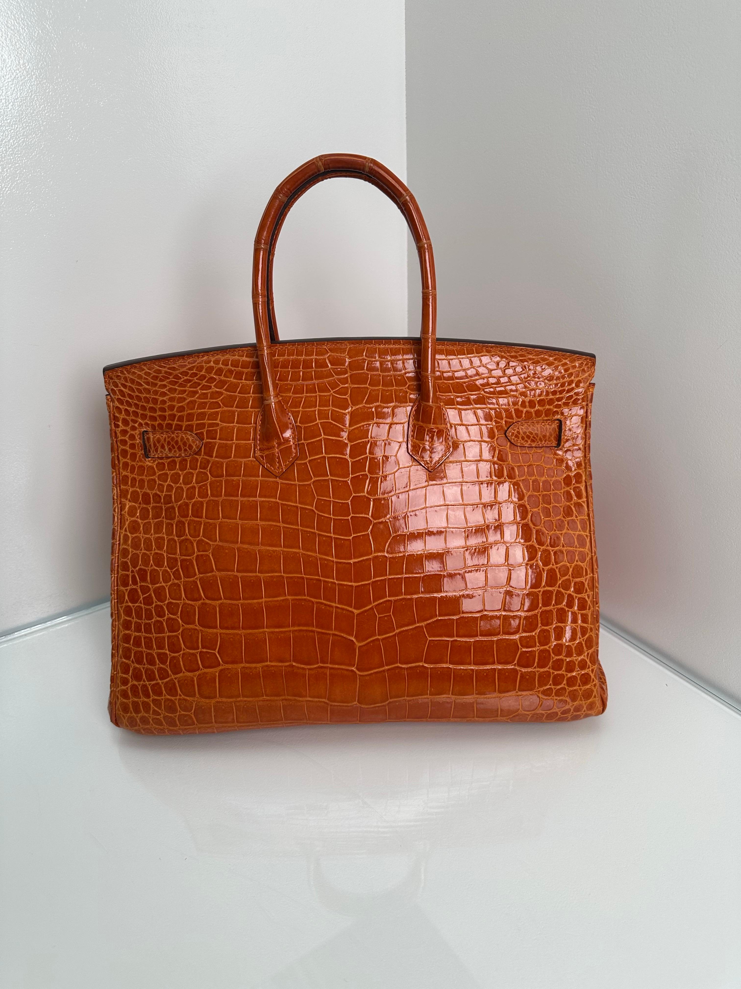 Hermes Birkin 35 Orange Glänzend Porosus Krokodil Palladium Hardware im Angebot 2