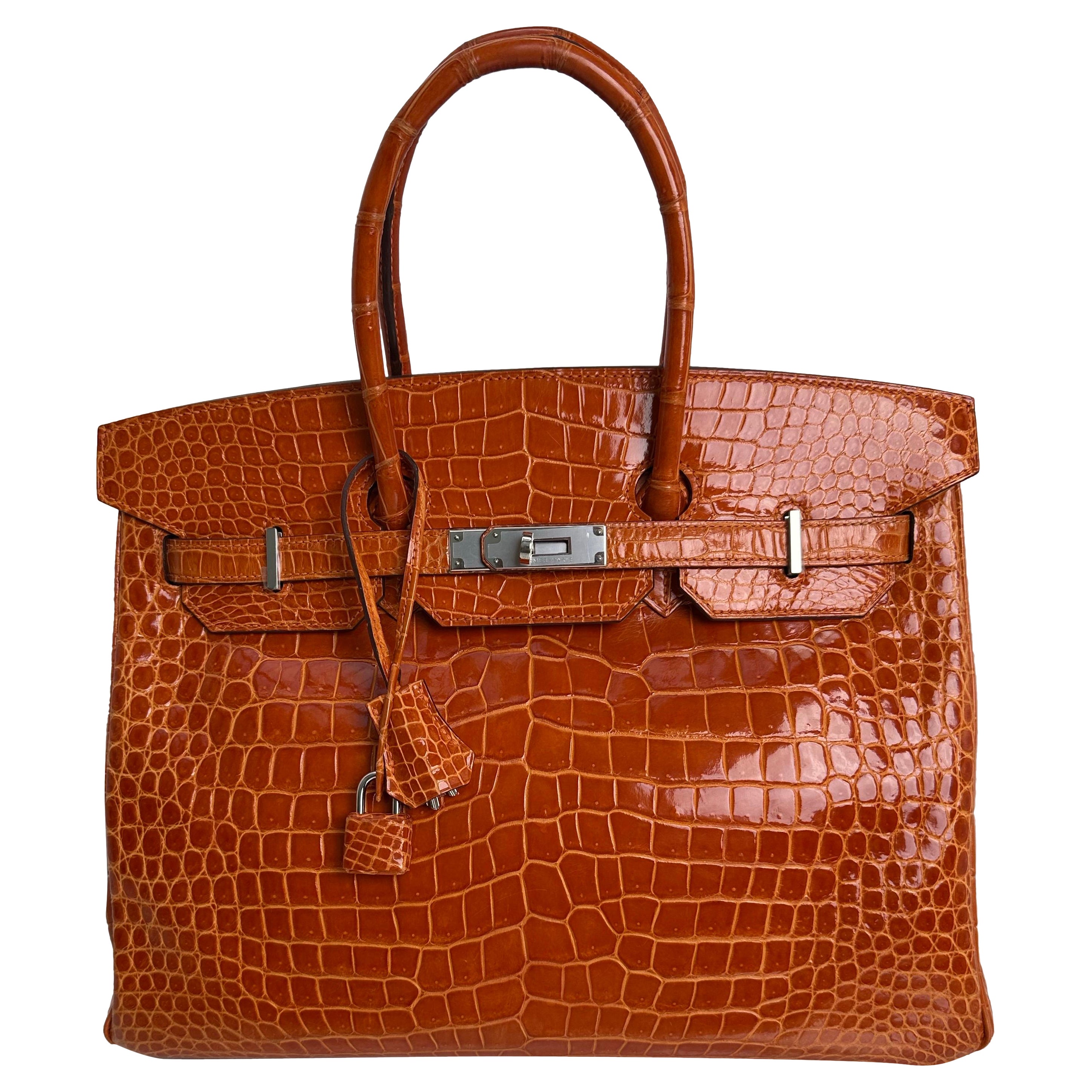 Hermes Birkin 35 Orange Glänzend Porosus Krokodil Palladium Hardware