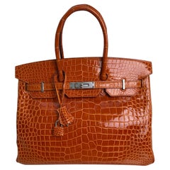 Hermes Birkin 35 Orange Shiny Porosus Crocodile Palladium Hardware