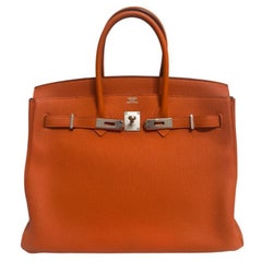 Hermes Birkin 35 Orange Togo Leather Palladium Hardware Rare Top Handle Bag