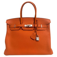 Hermes Birkin 35 Orange Togo Leather Palladium Hardware Rare Top Handle Bag