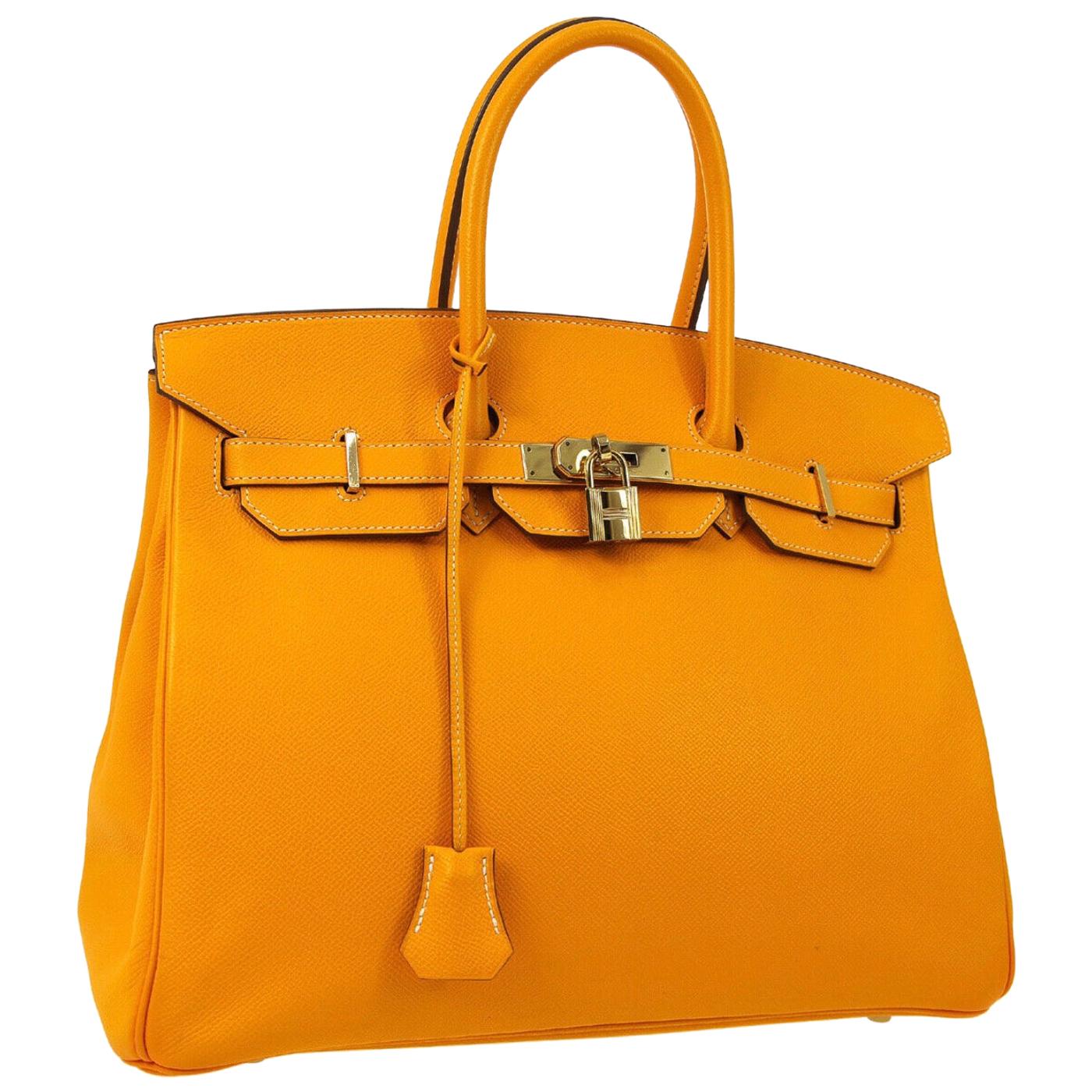 Hermes Birkin 35 Orange Yellow Limited Edition Gold Top Handle Satchel Tote Bag