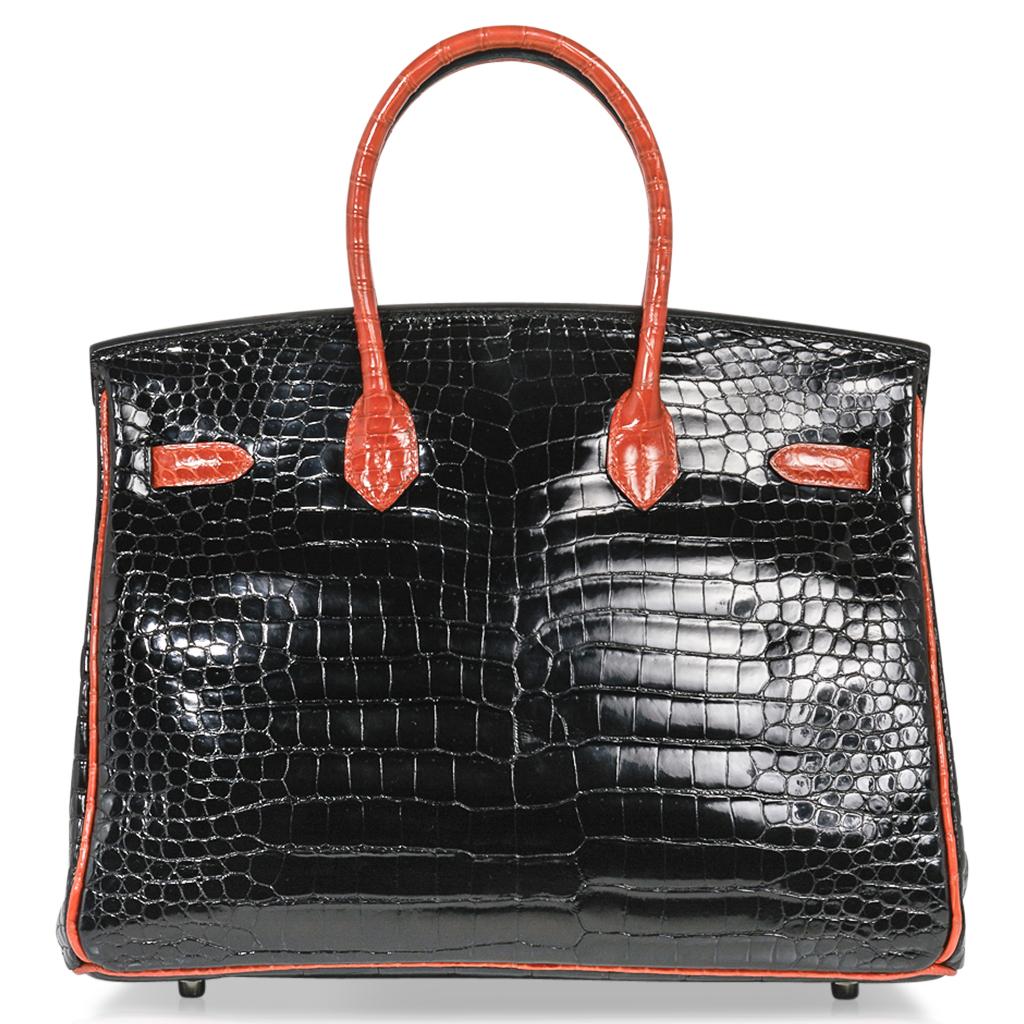 Hermes Birkin 35 Porosus Crocodile Black w/ Orange Palladium Hardware 5