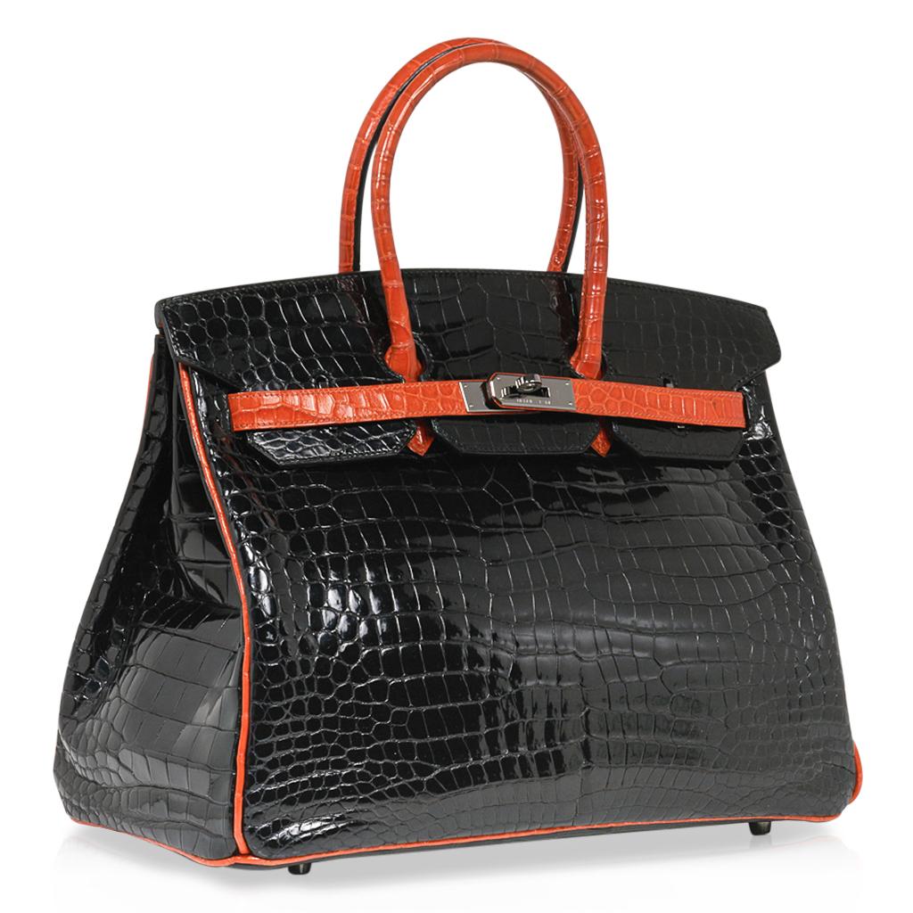 Women's Hermes Birkin 35 Porosus Crocodile Black w/ Orange Palladium Hardware