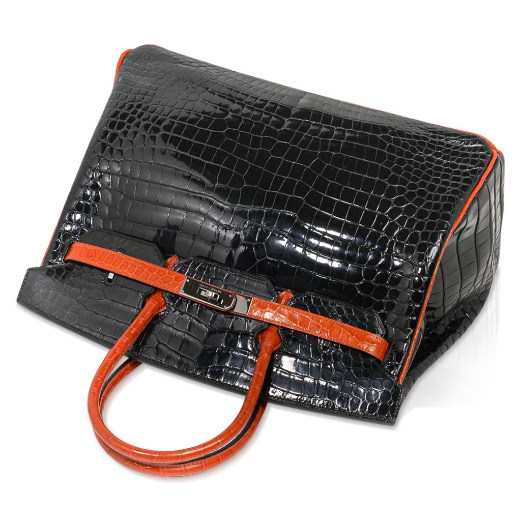 Hermes Birkin 35 Porosus Crocodile Black w/ Orange Palladium Hardware 1