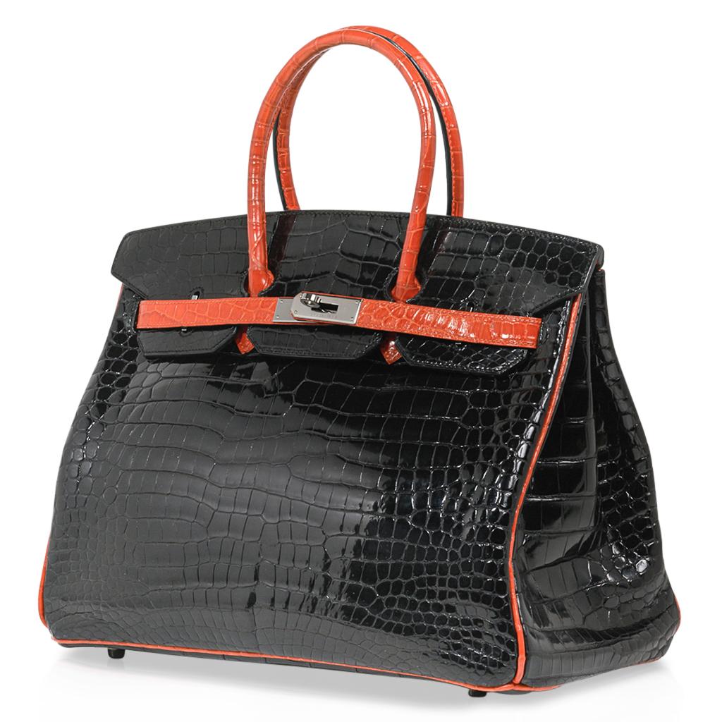 Hermes Birkin 35 Porosus Crocodile Black w/ Orange Palladium Hardware 2