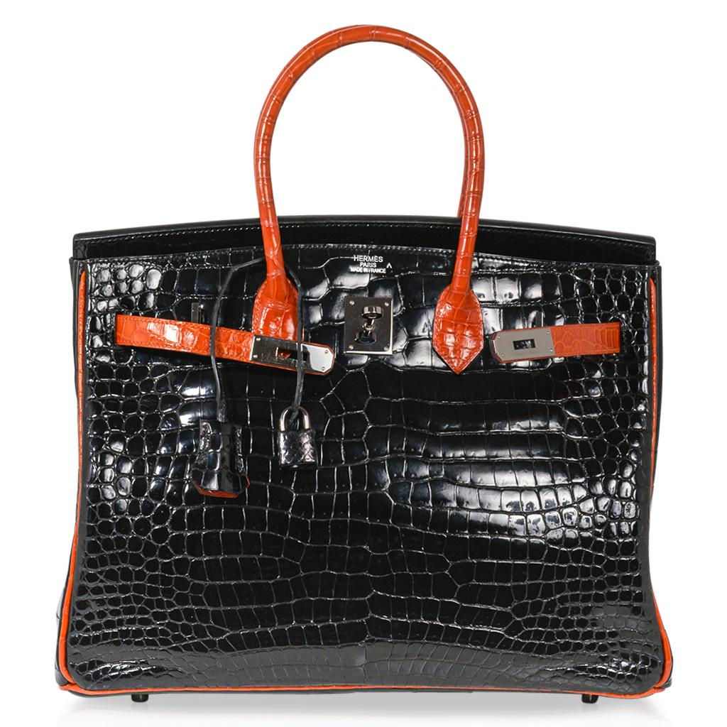 Hermes Birkin 35 Porosus Crocodile Black w/ Orange Palladium Hardware 3