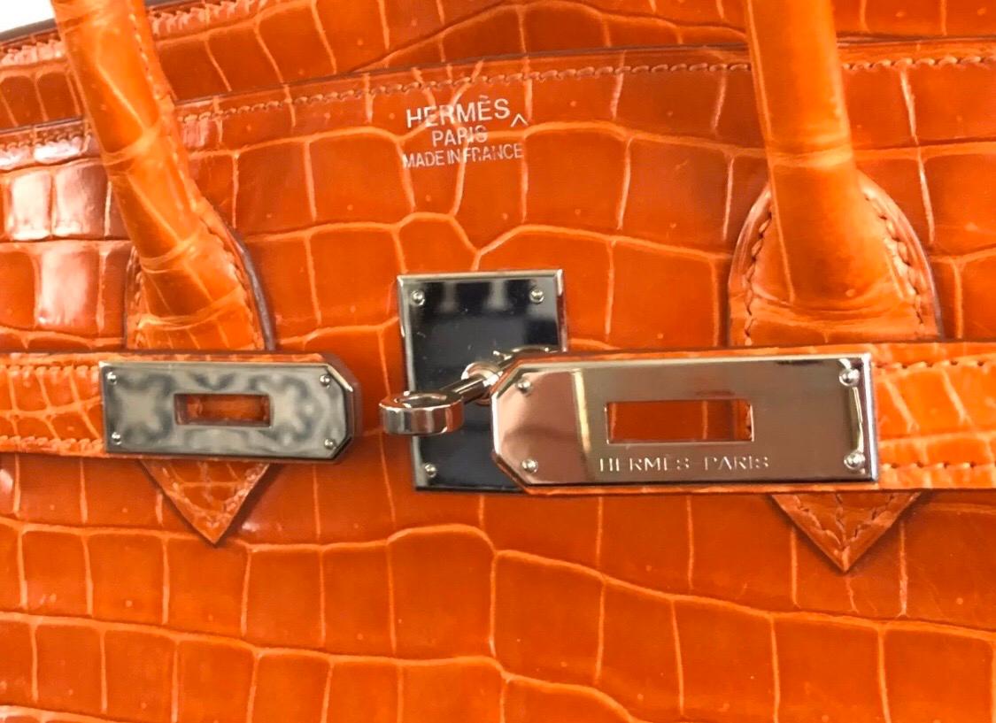 Hermes Birkin 35 Porosus Crocodile Fire Orange Palladium Hardware  In Excellent Condition In Miami, FL