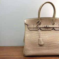 Hermes Birkin 35 Poussiere Beige Borsa in coccodrillo poroso lucido