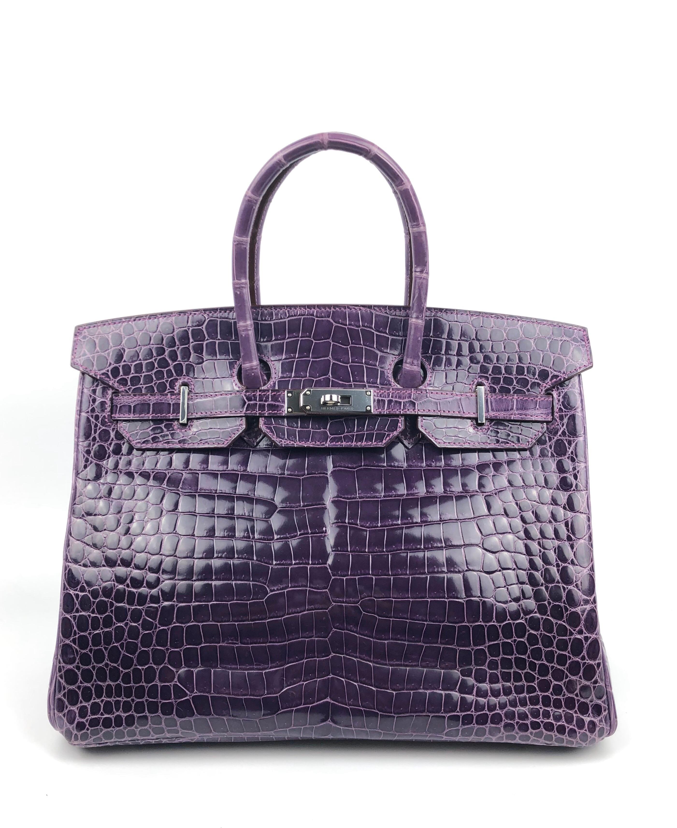 Hermes Birkin 35 Purple Amethyst Shinny Crocodile Palladium Hardware W/ Plastic. Pristine Condition with Plastic on all Hardware. 

Shop with confidence from Lux Addicts. Authenticity Guaranteed! 