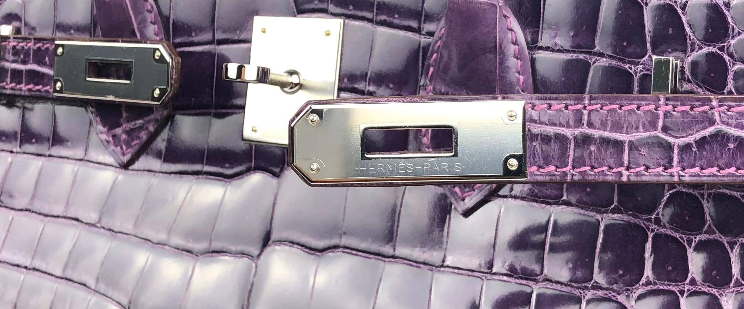 Black Hermes Birkin 35 Purple Amethyst Shinny Crocodile Palladium Hardware W/ Plastic 