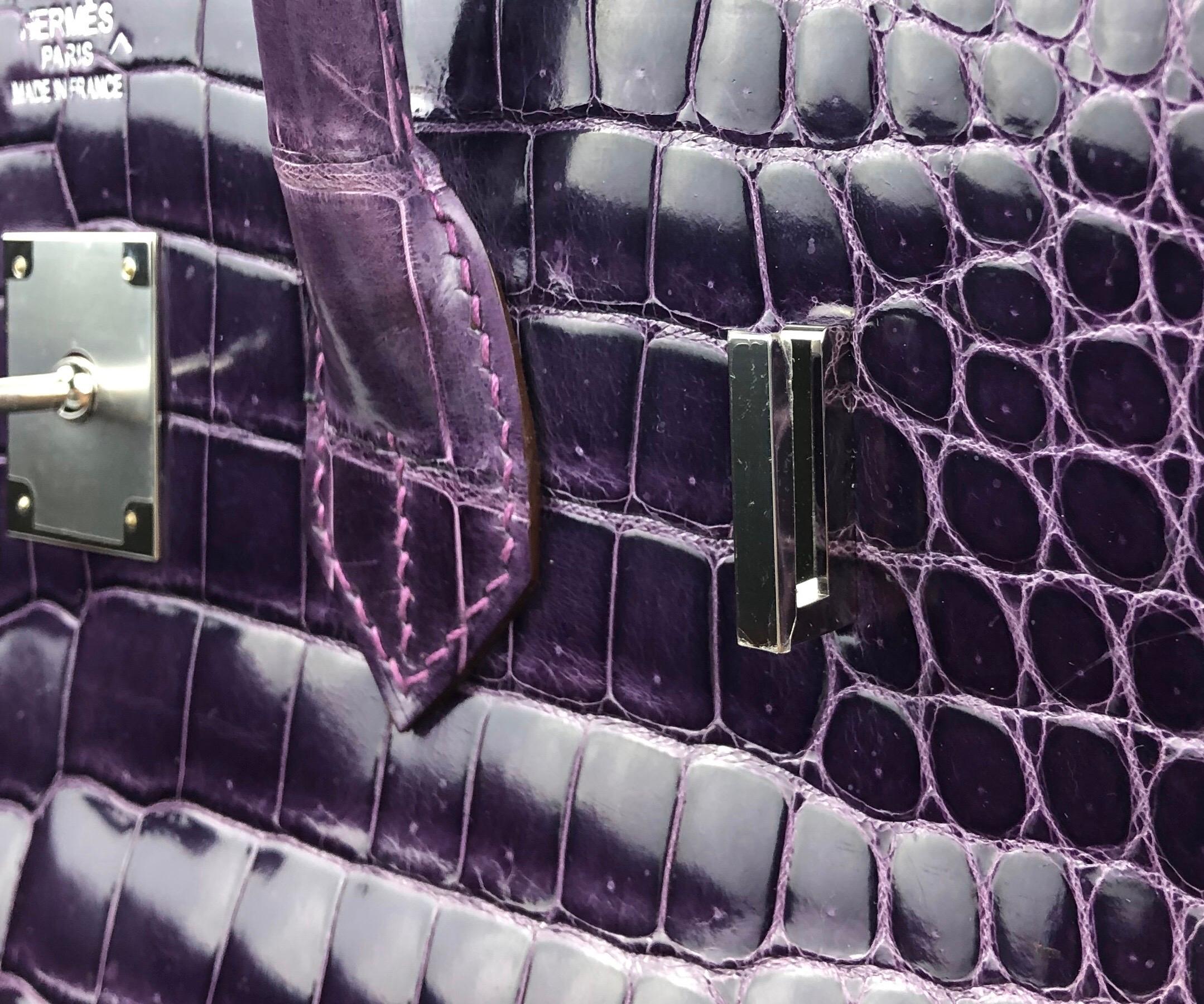 Hermes Birkin 35 Purple Amethyst Shinny Crocodile Palladium Hardware W/ Plastic  In Excellent Condition In Miami, FL