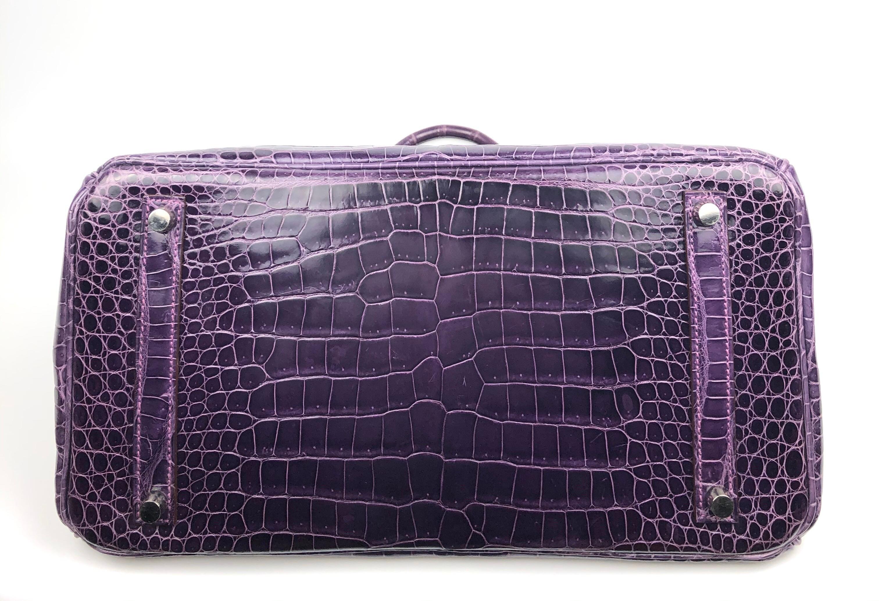 Women's or Men's Hermes Birkin 35 Purple Amethyst Shinny Crocodile Palladium Hardware W/ Plastic 