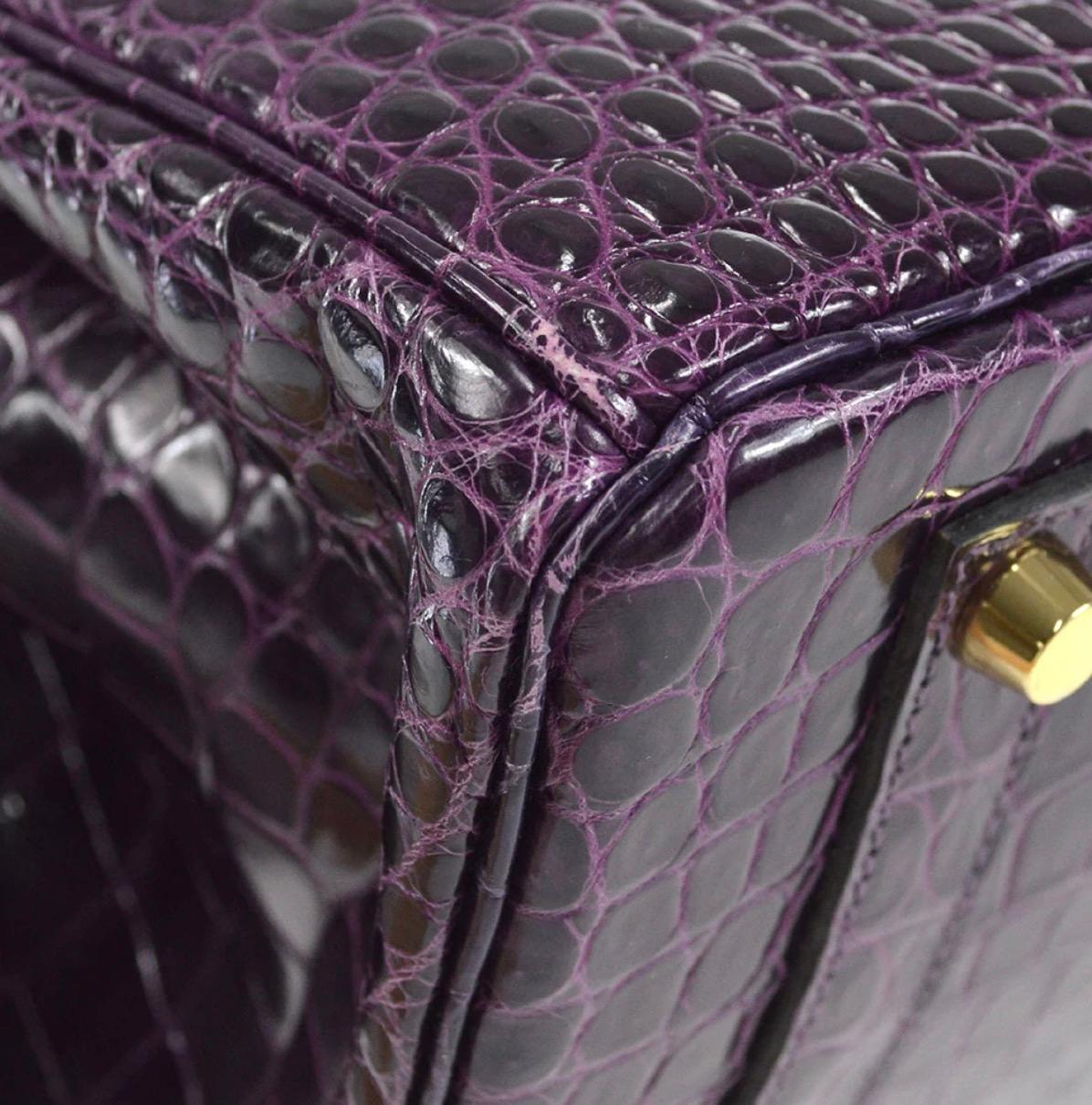 Black Hermes Birkin 35 Purple Exotic Porosus Crocodile Gold Top Handle Tote Bag
