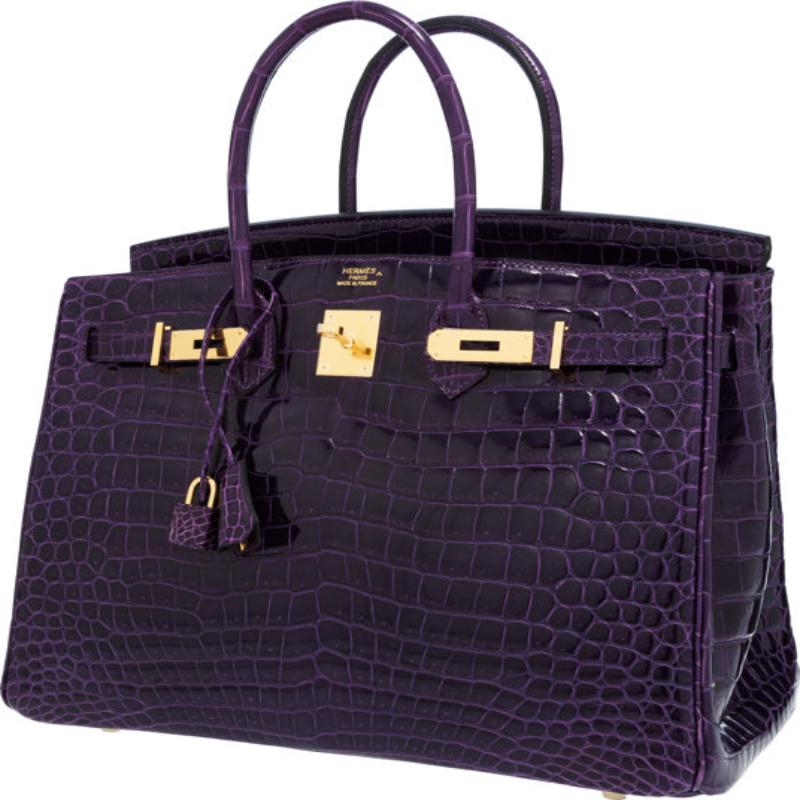Hermes Birkin 35 Purple Exotic Porosus Crocodile Gold Top Handle Tote Bag In Good Condition In Chicago, IL