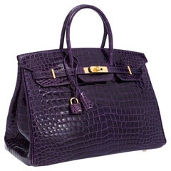 Hermes Birkin 35 Purple Exotic Porosus Crocodile Gold Top Handle Tote Bag