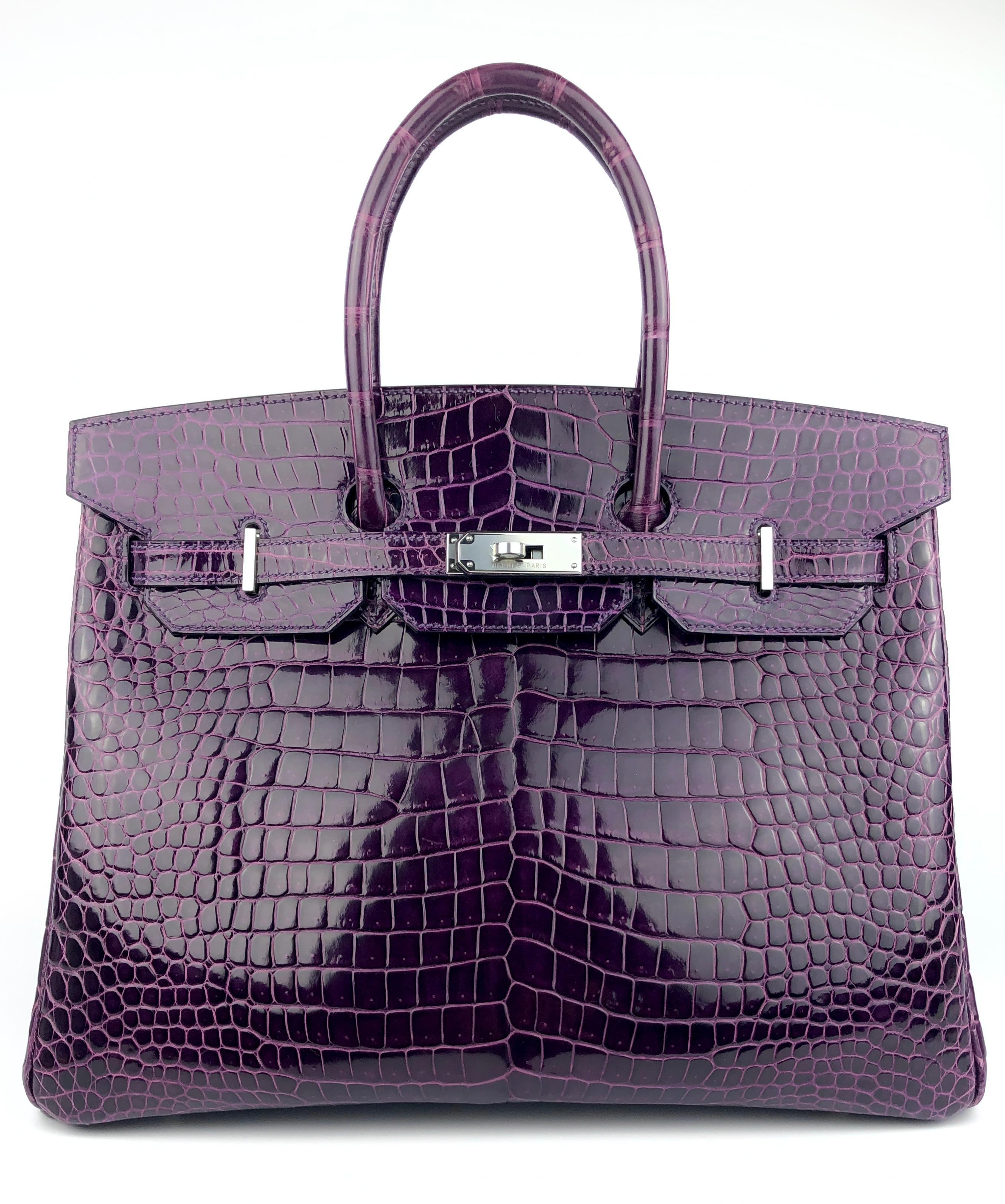 Absolutely Stunning RARE Hermes Birkin 35 Raisin Purple Crocodile Skin Leather Palladium Hardware. Pristine Condition, Plastic on hardware, perfect structure and corners. 

BEST PRICE ON THE MARKET! 

Please keep in mind that this is a pre owned