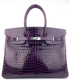 Hermes Birkin 35 Raisin Purple Shiny Porosus Crocodile Palladium Hardware