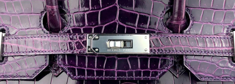 Shiny purple porosus crocodile and palladium hardware handbag