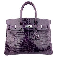 Hermès - Sac à main Birkin 35 en crocodile Porosus violet brillant et finitions métalliques en palladium