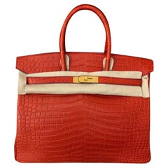 Hermès Birkin 35 Red Geranium Crocodile Porosus Matte Gold Hardware GHW