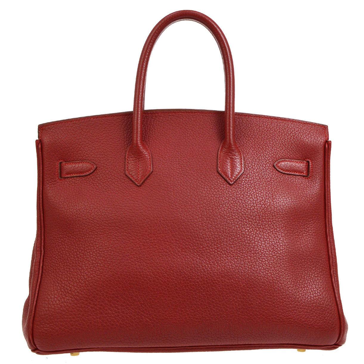 Brown Hermes Birkin 35 Red Leather Gold Top Handle Satchel Travel Bag