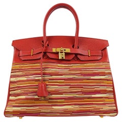 HERMES Birkin 35 Red Multi Color Vibrato Leather Gold Top Handle Tote Bag