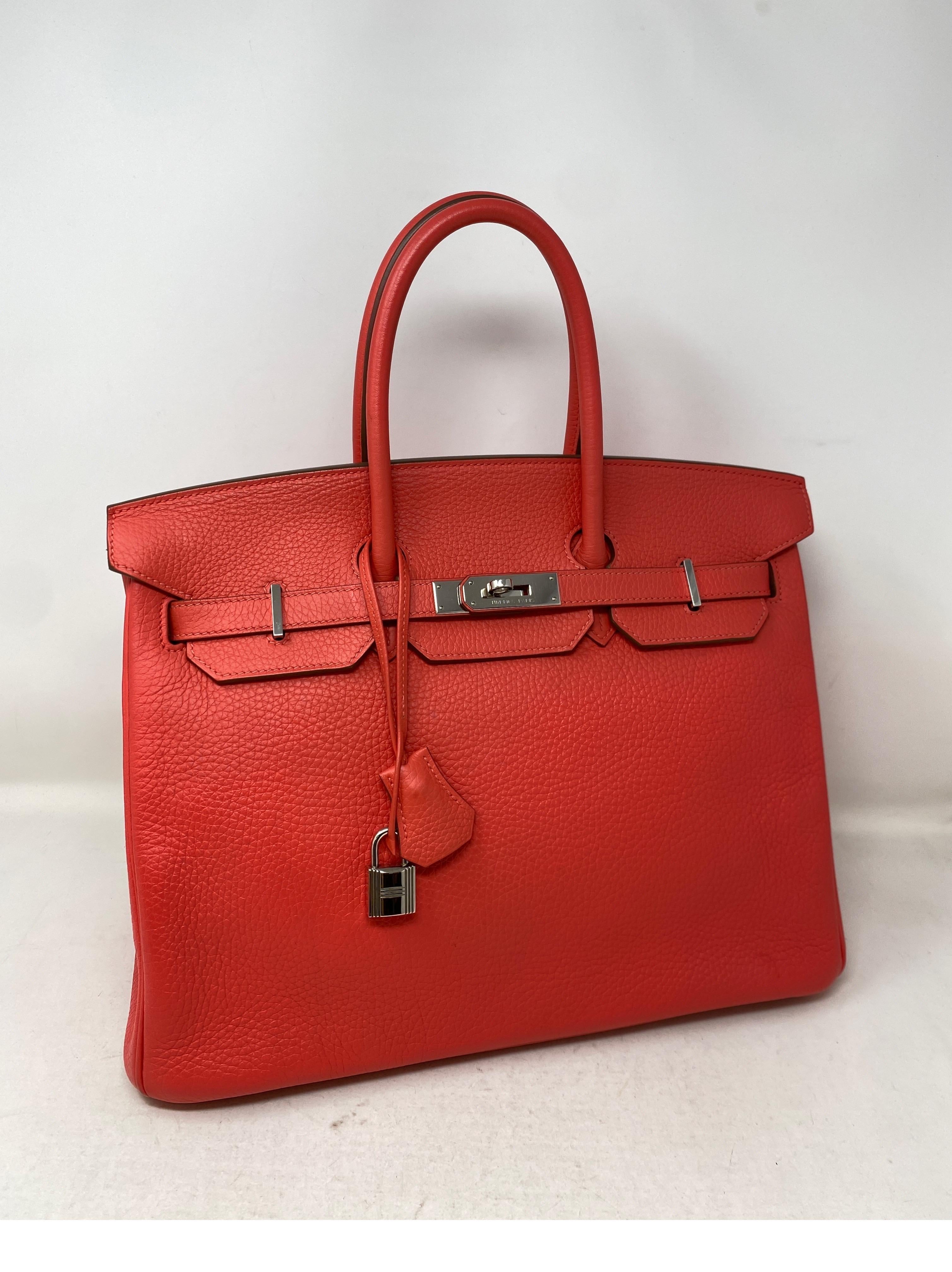 Hermes Rose Jaipur Birkin 35 Bag. Excellent condition like new. Palladium hardware. Beautiful rosy pink orange color bag. Clemence leather. Includes clochette, lock, keys, and dust cover. Guaranteed authentic. 