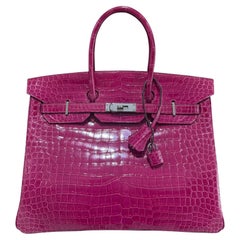 Hermes Birkin 35 Rose Scheherazade Crocodile Palladium Hardware Top Handle Bag