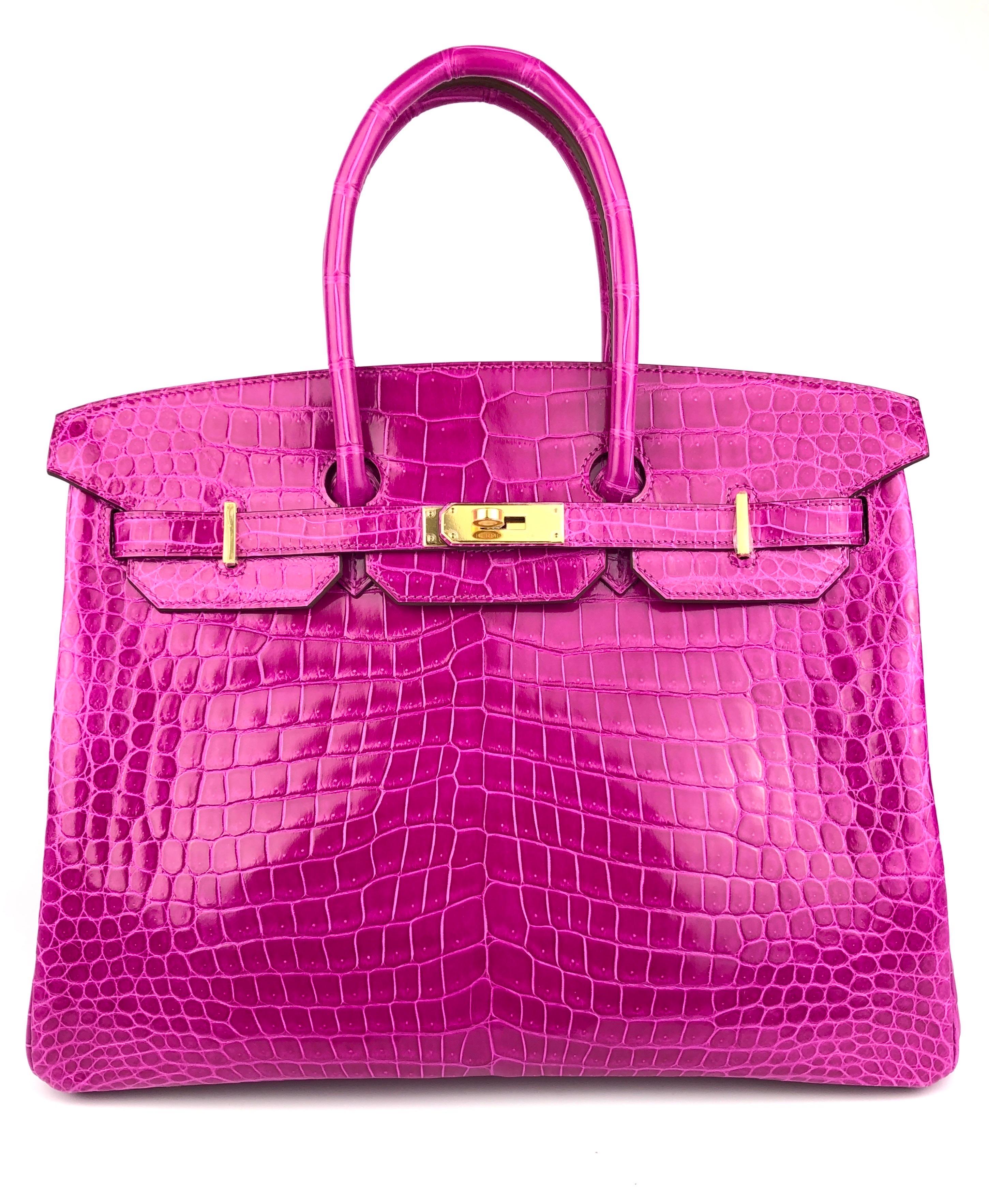 Absolutely Stunning RARE 
As New Hermes Birkin 35 Rose Scheherazade Pink Crocodile Skin Leather Gold Hardware. Plastic on all hardware and feet. 2016 X Stamp.
BEST PRICE ON THE MARKET! 

Shop with Confidence from Lux Addicts. Authenticity