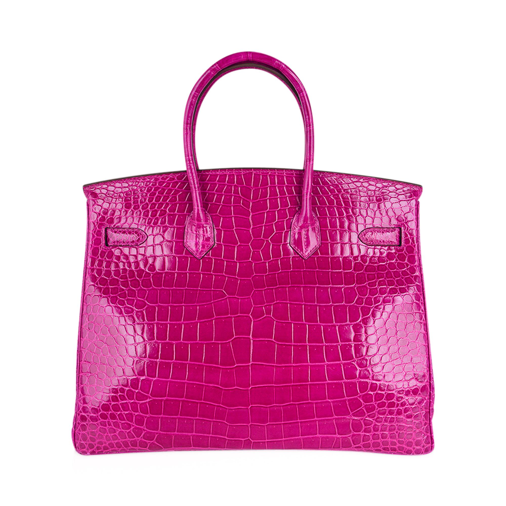 Sac Hermès Birkin 35 Rose Scheherazade en crocodile Porosus finitions métalliques dorées en vente 1