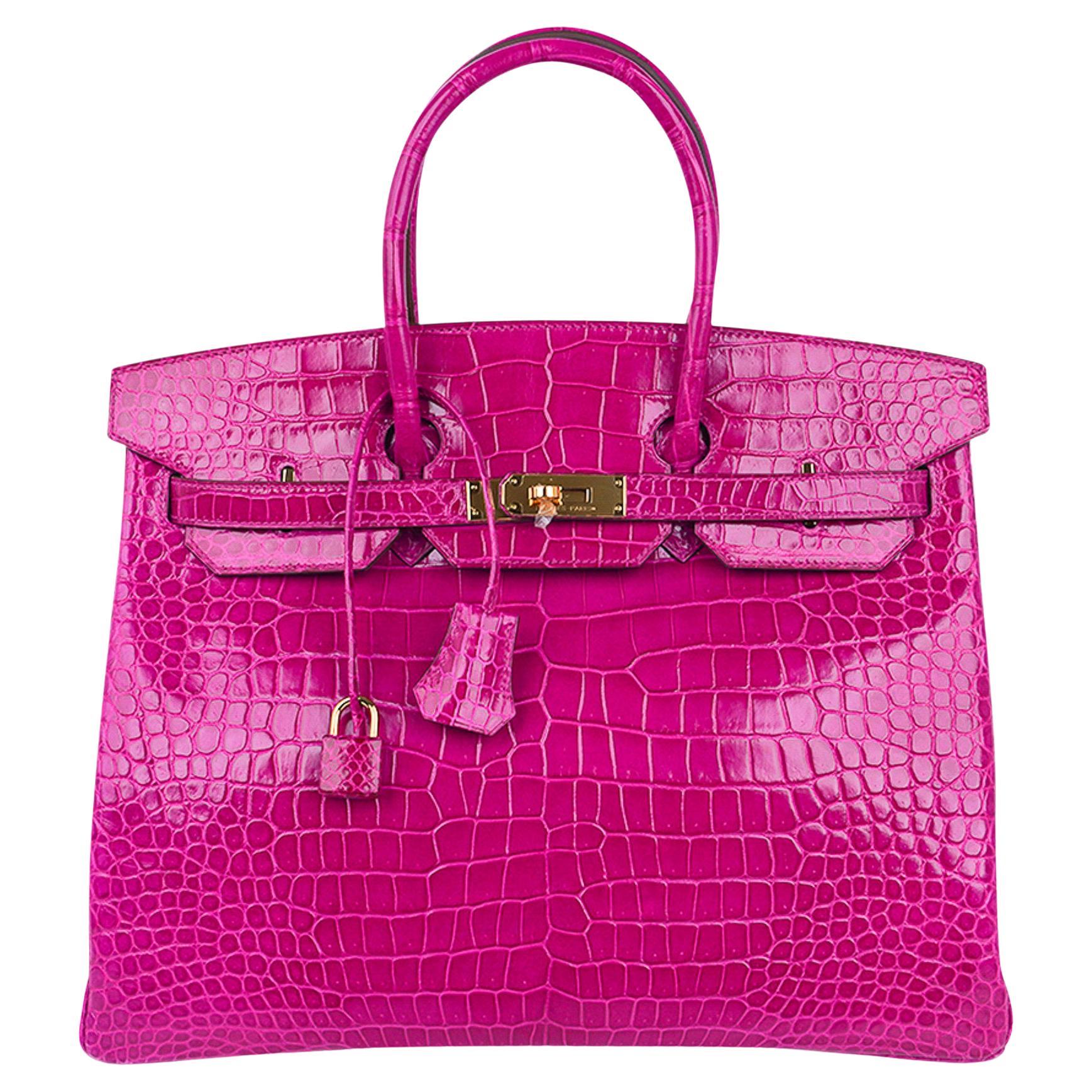 Sac Hermès Birkin 35 Rose Scheherazade en crocodile Porosus finitions métalliques dorées